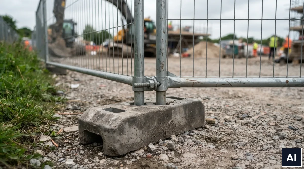 Betonowa stopa i obejma łącząca panele ogrodzenia tymczasowego placu budowy